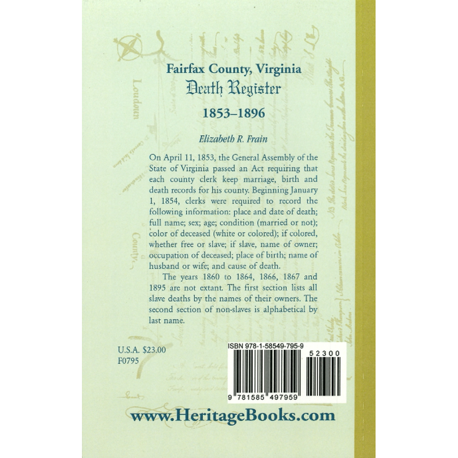 Fairfax County, Virginia Death Register, 1853-1896 back cover