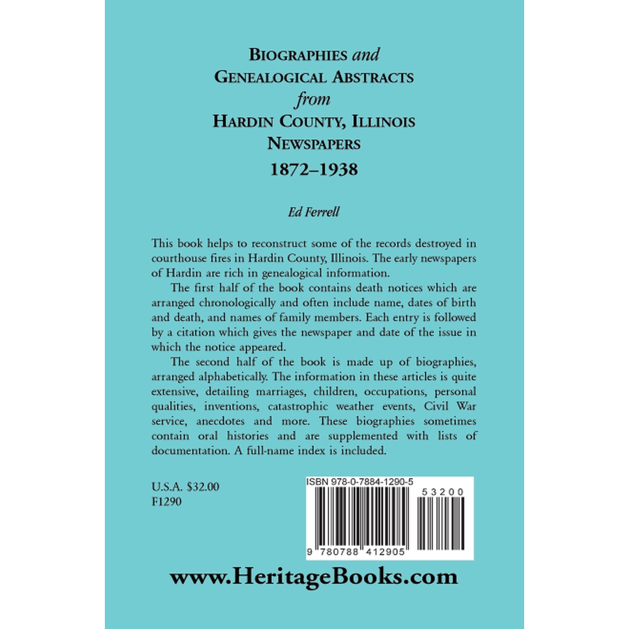 back cover of Biographics and Genealogical Abstracts from Hardin County, Illinois, Newspapers, 1872-1938