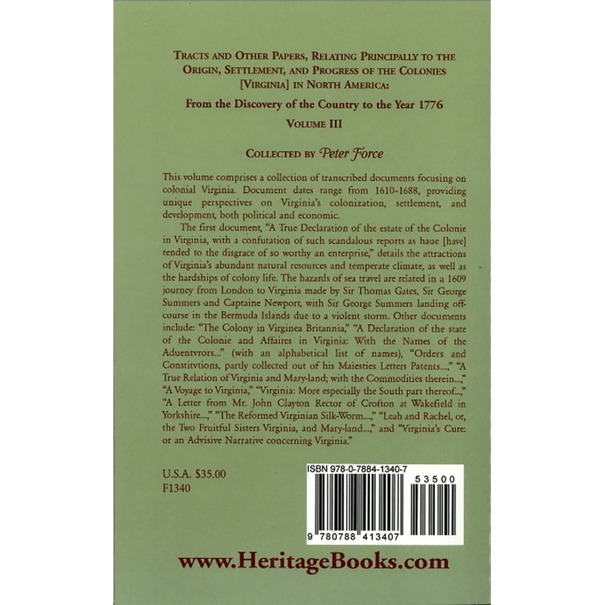Tracts and other Papers, Relating Principally to the Origin, Settlement, and Progress of the Colonies [Virginia] in North America: Volume III back cover