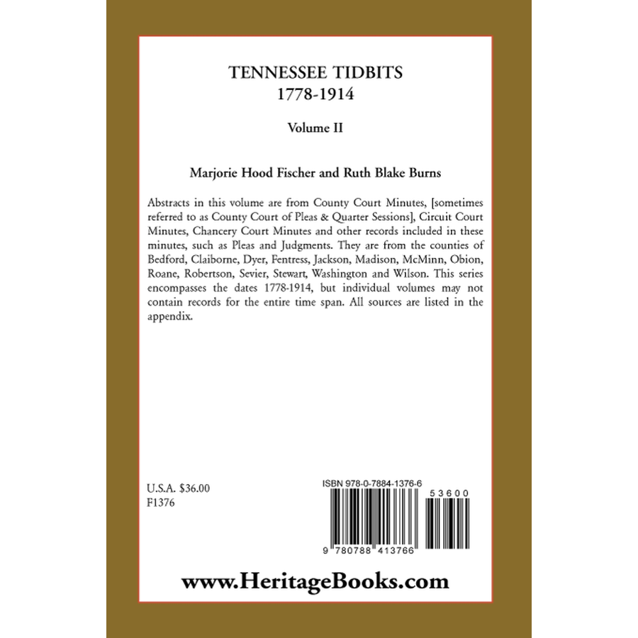 Tennessee Tidbits, 1778-1914, Volume II [paper] back cover