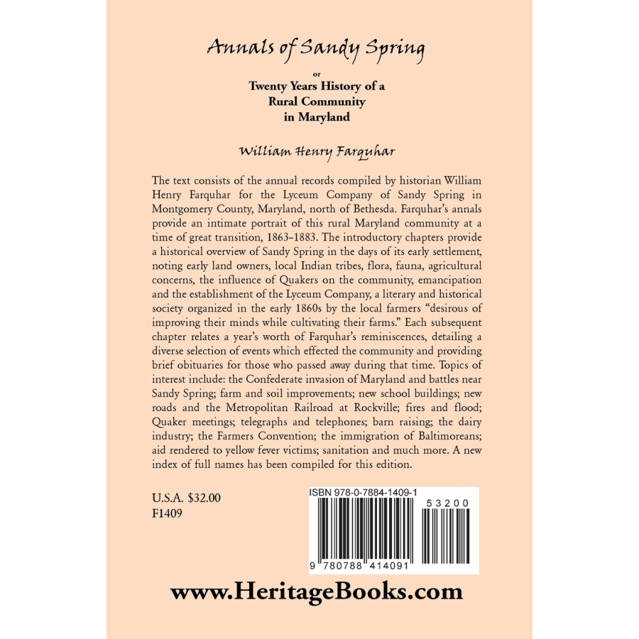 back cover of Annals of Sandy Spring, Twenty Years of History of a Rural Community in Maryland