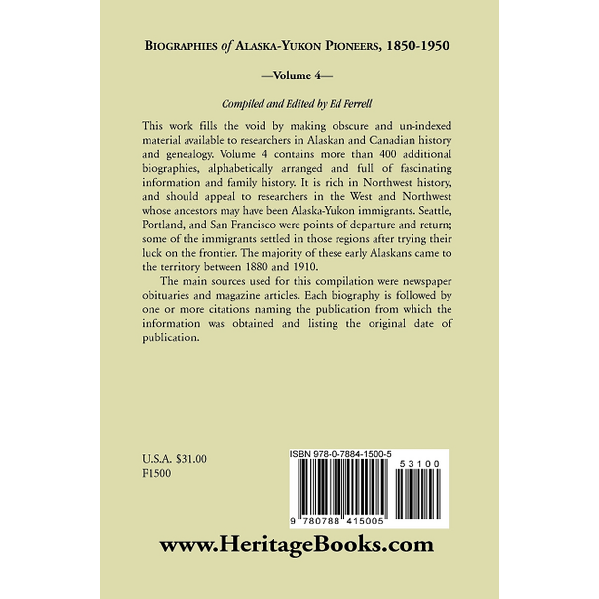 Biographies of Alaska-Yukon Pioneers 1850-1950, Volume 4 back cover