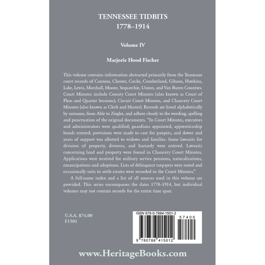 Tennessee Tidbits, 1778-1914, Volume IV [hardcover] back cover