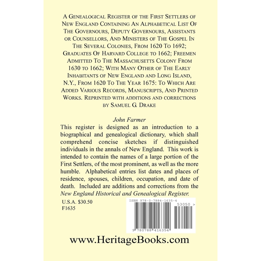 A Genealogical Register of the First Settlers of New England back cover