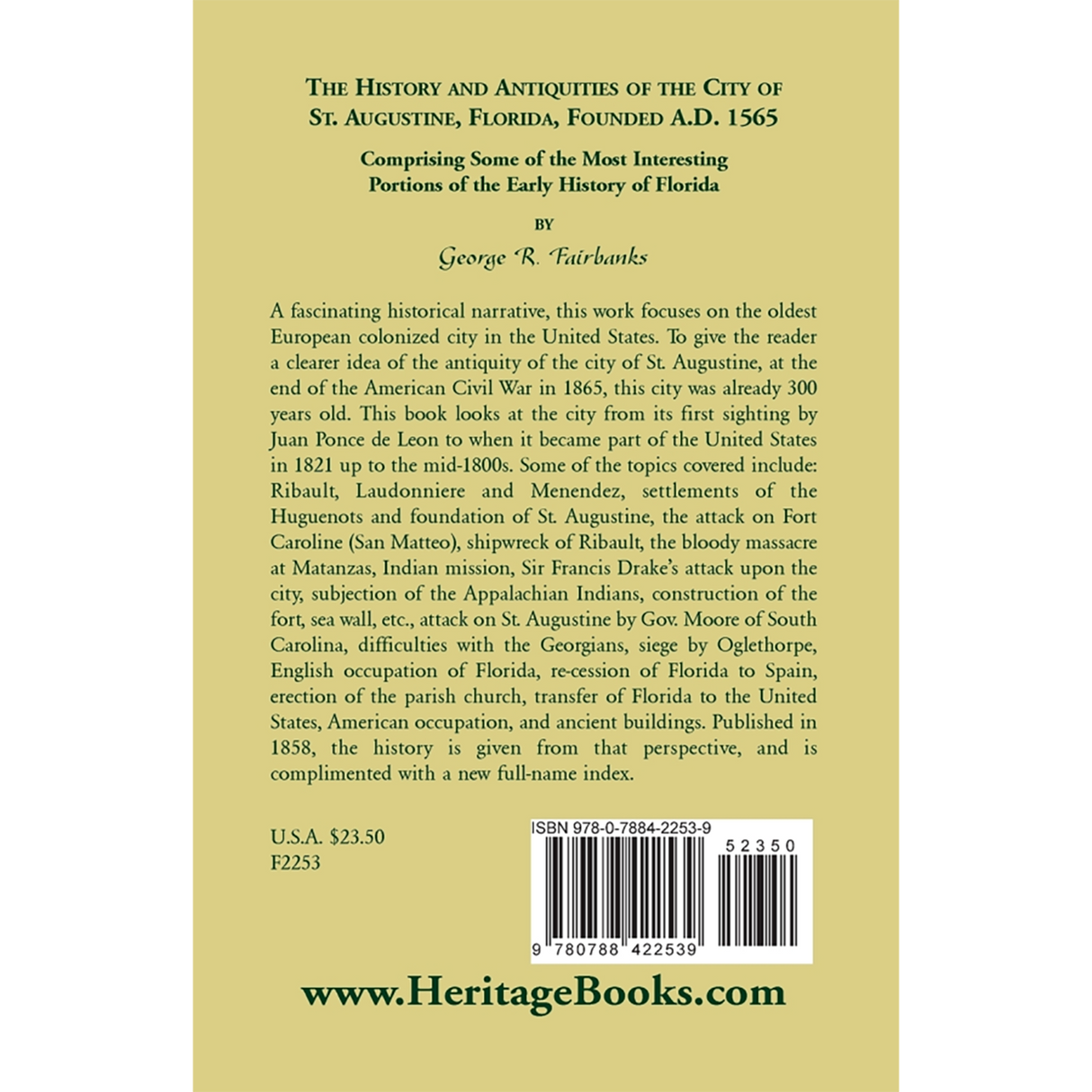The History and Antiquities of the City of St. Augustine, Florida back cover