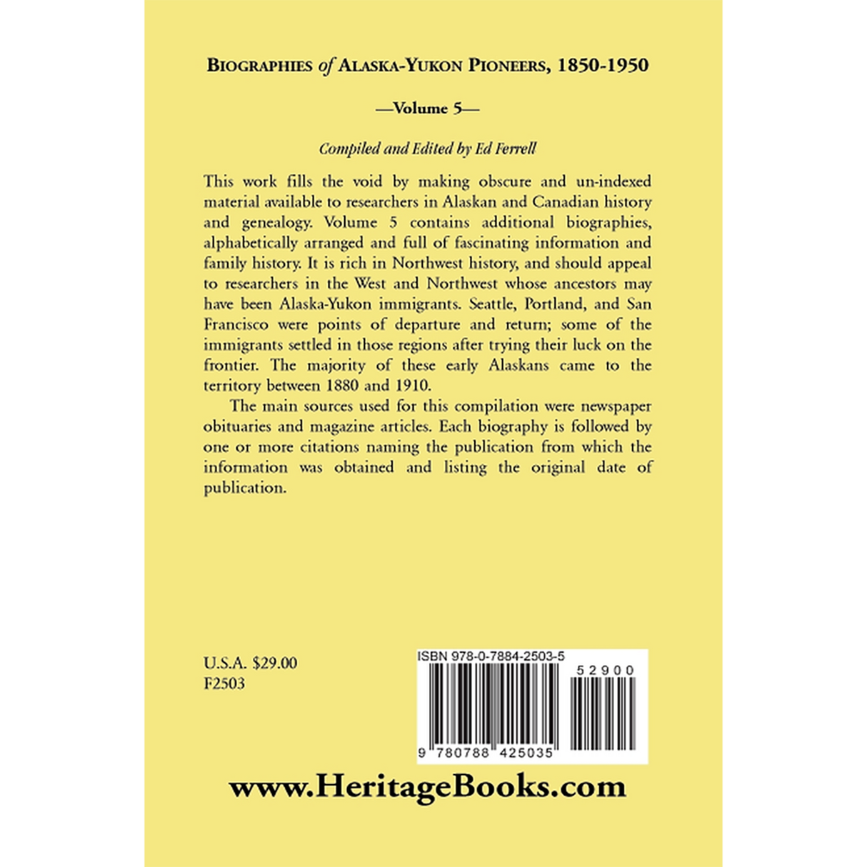 Biographies of Alaska-Yukon Pioneers 1850-1950, Volume 5 back cover