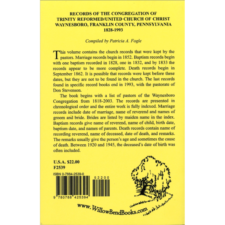 Records of the Congregation of Trinity Reformed/United Church of Christ, Waynesboro, Franklin County, Pennsylvania, 1828-1993 back cover