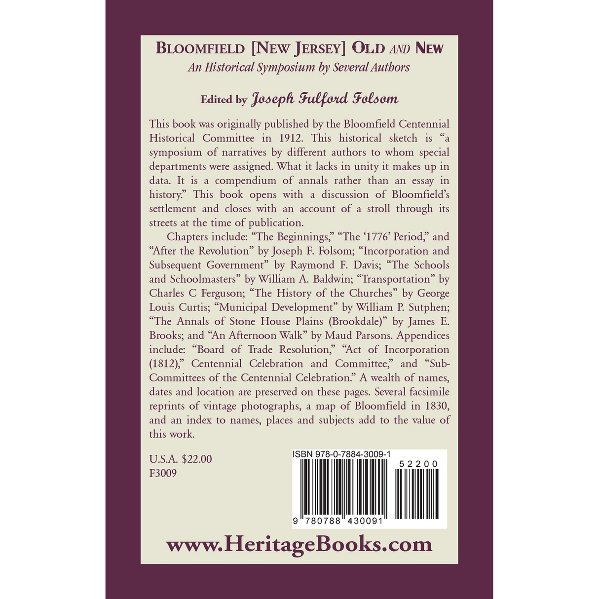 Bloomfield [New Jersey] Old and New: An Historical Symposium by Several Authors back cover
