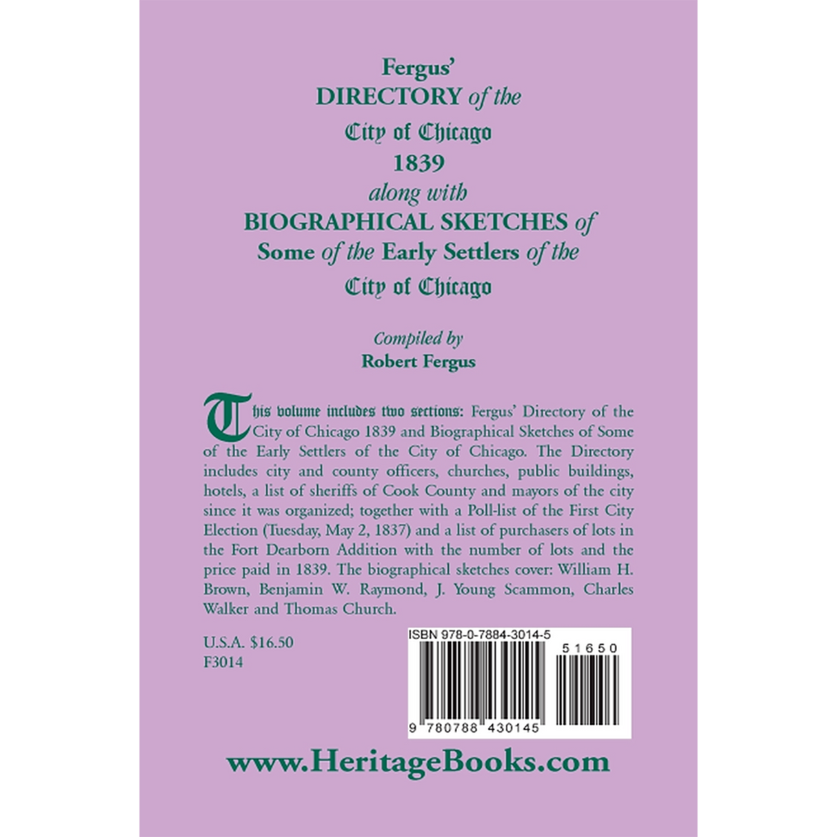 Fergus' Directory of the City of Chicago, 1839, along with Biographical Sketches of Some of the Early Settlers of the City of Chicago back cover