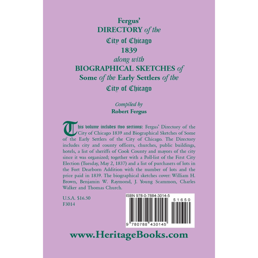 back cover of Fergus' Directory of the City of Chicago, 1839, along with Biographical Sketches of Some of the Early Settlers of the City of Chicago