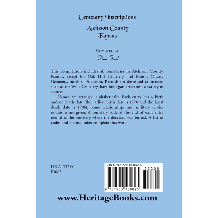 Cemetery Inscriptions, Atchison County, Kansas back cover