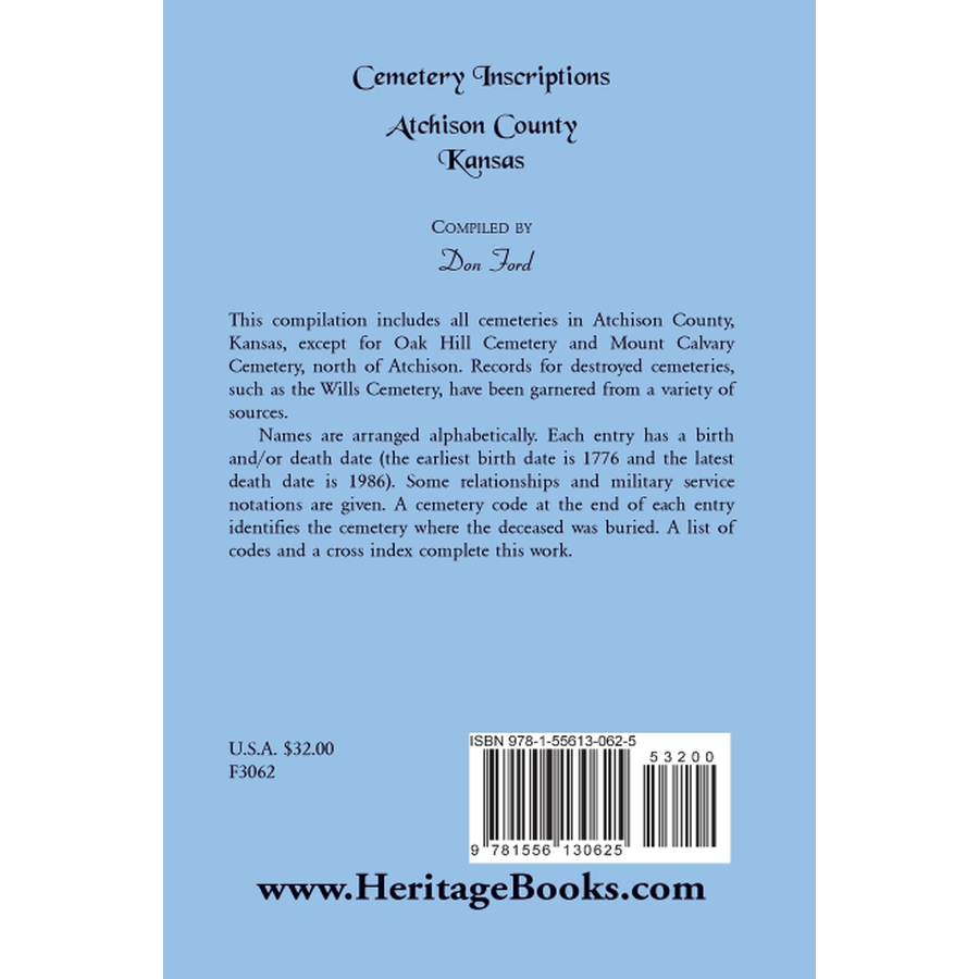 back cover of Cemetery Inscriptions, Atchison County, Kansas