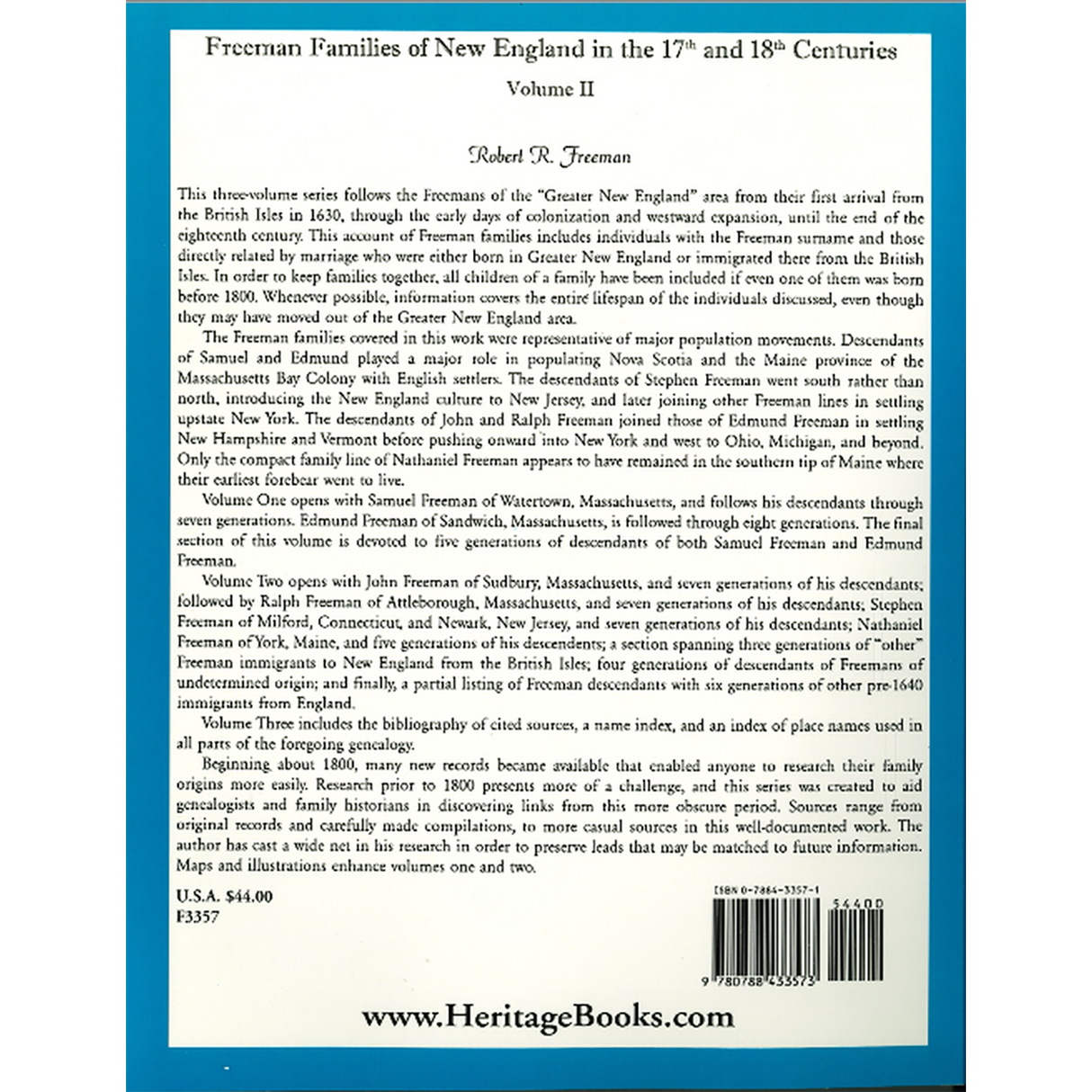 Freeman Families of New England in the 17th and 18th Centuries, Volume 2 back cover