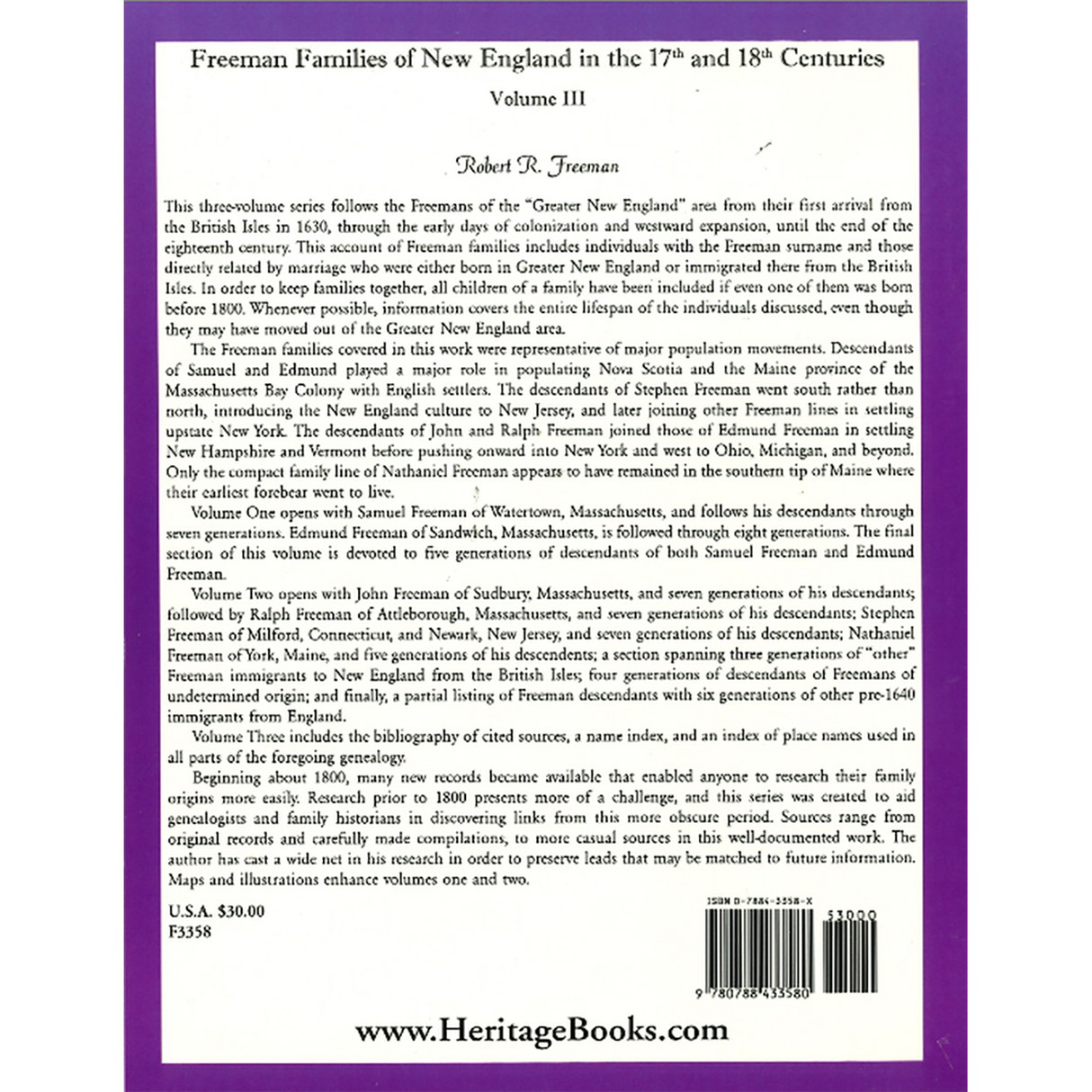Freeman Families of New England in the 17th and 18th Centuries: Volume 3 back cover