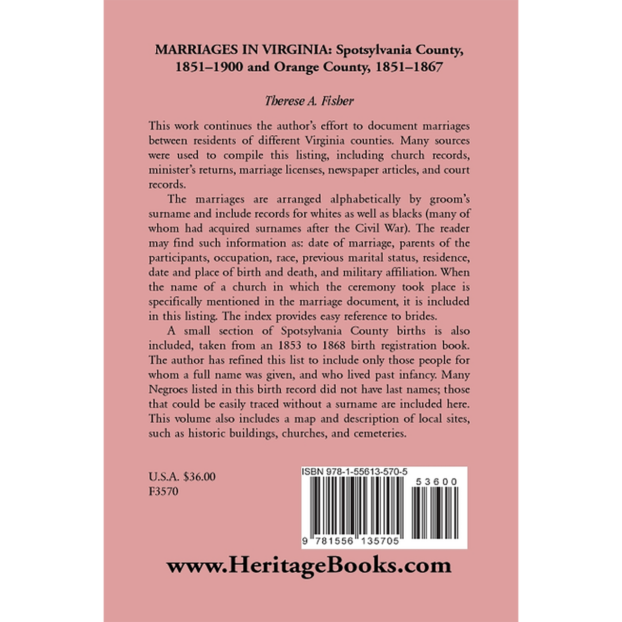Marriages in Virginia, Spotsylvania County 1851-1900 and Orange County, 1851-1867 back cover