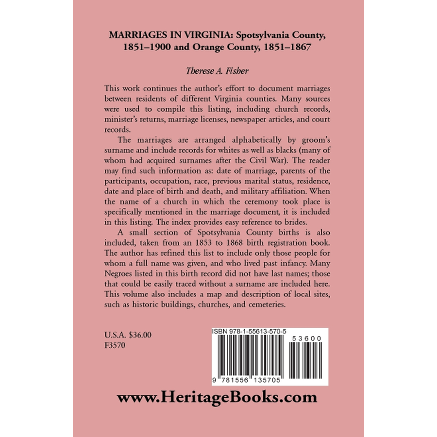 back cover of Marriages in Virginia, Spotsylvania County 1851-1900 and Orange County, 1851-1867