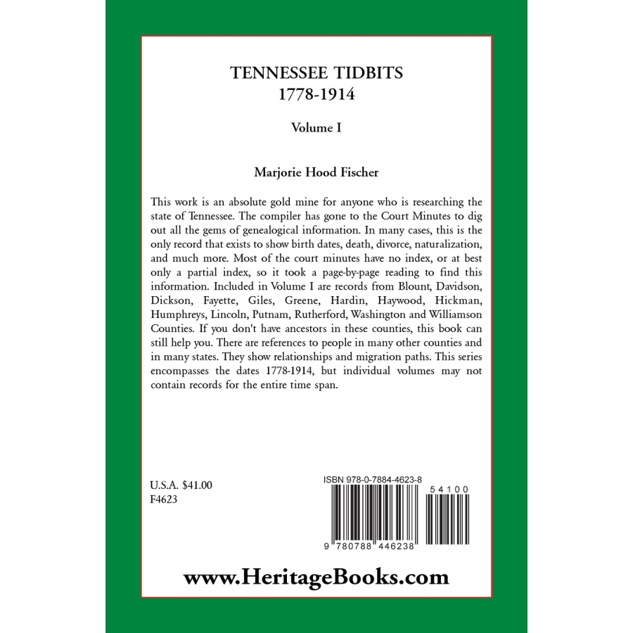 Tennessee Tidbits, 1778-1914, Volume I back cover