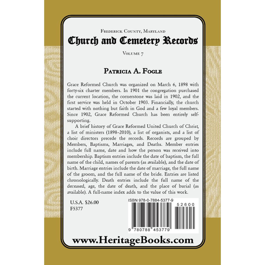 Frederick County, Maryland Church and Cemetery Records, Volume 7 back cover