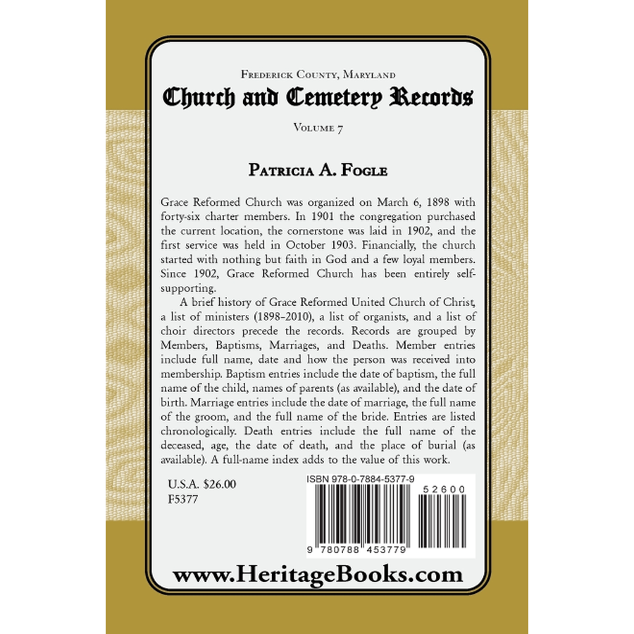 back cover of Frederick County, Maryland Church and Cemetery Records, Volume 7