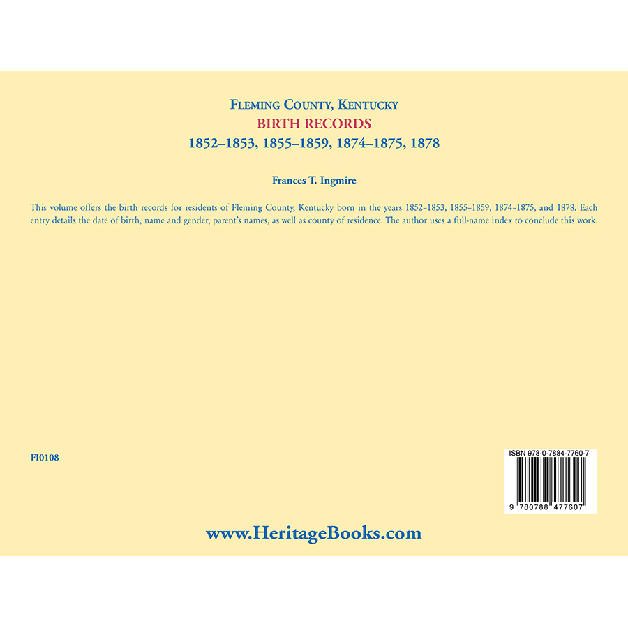 Fleming County, Kentucky Birth Records, 1852-1853, 1855-1859, 1874-1875, 1878