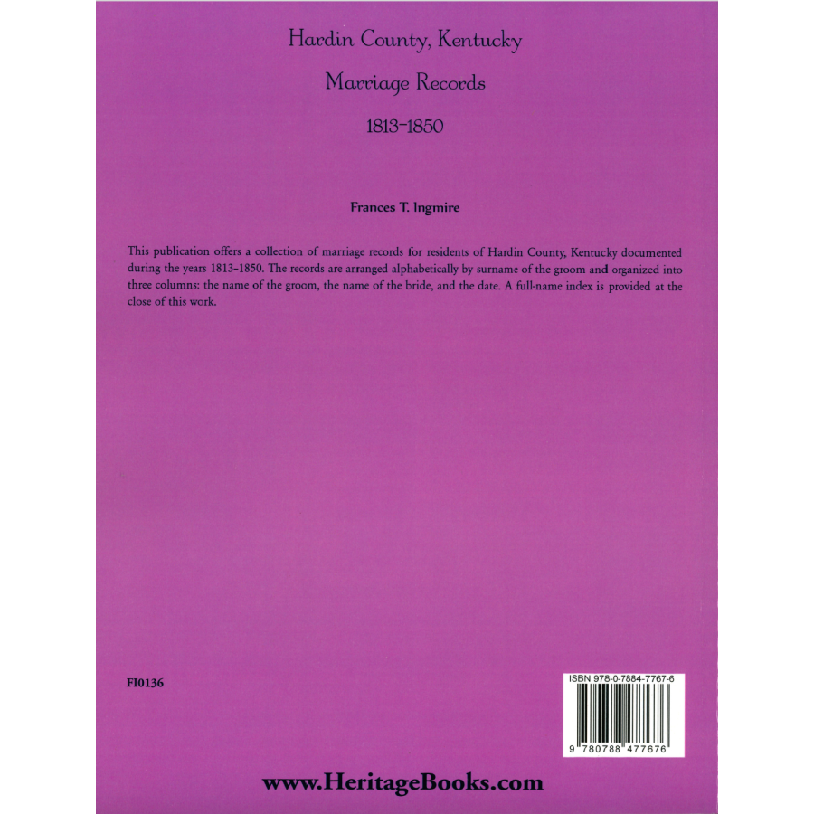 Hardin County, Kentucky Marriage Records, 1813-1850 back cover