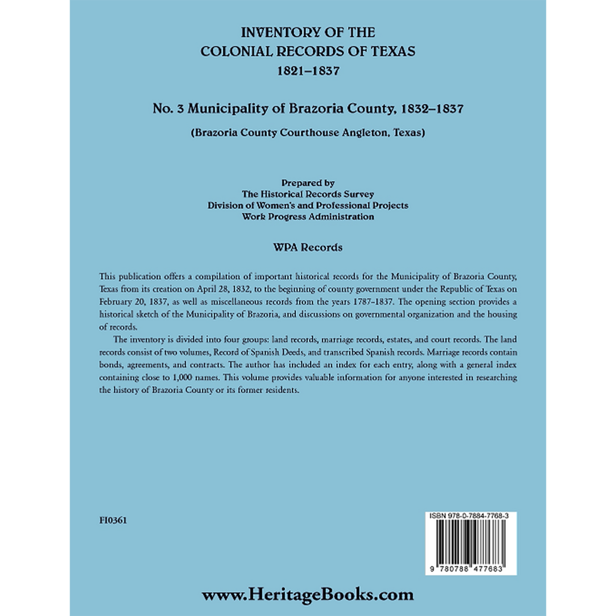 Inventory of the Colonial Archives of Texas: Municipality of Brazoria County, Texas 1832-1837 back cover