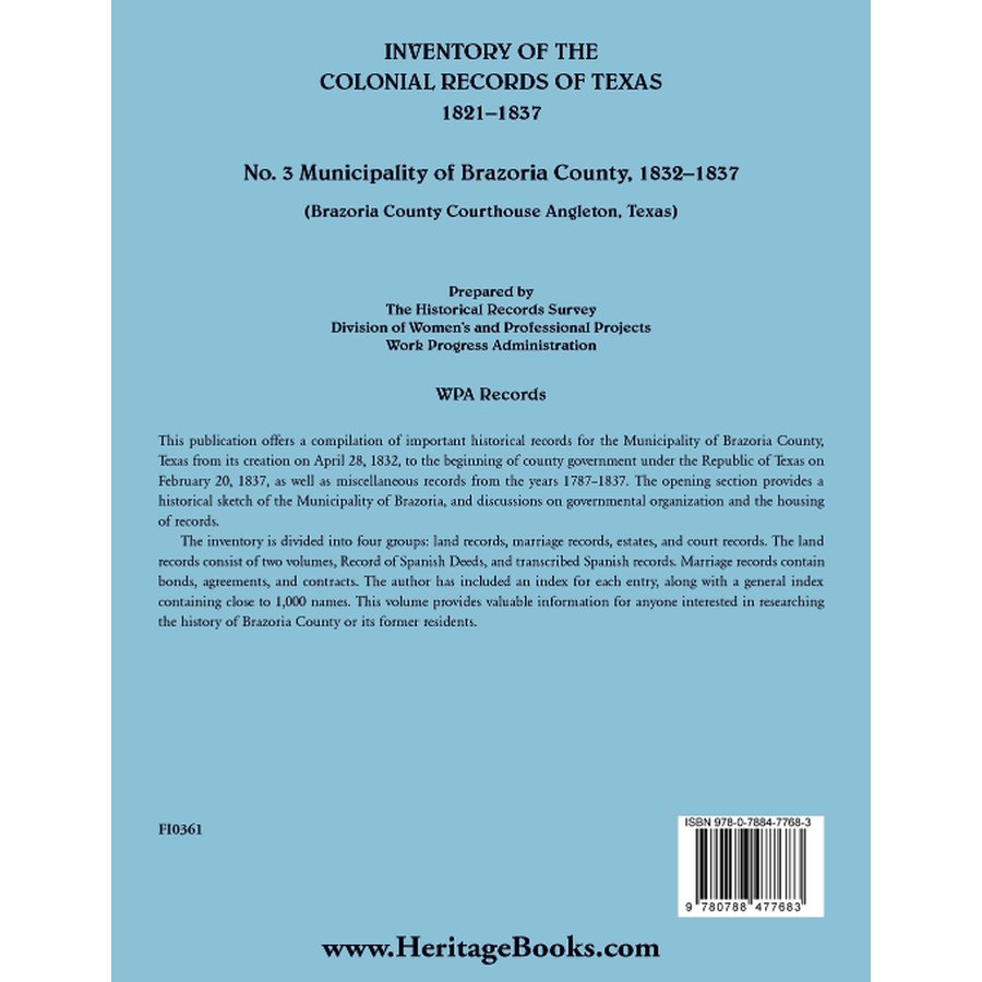 Inventory of the Colonial Archives of Texas: Municipality of Brazoria County, Texas 1832-1837 back cover