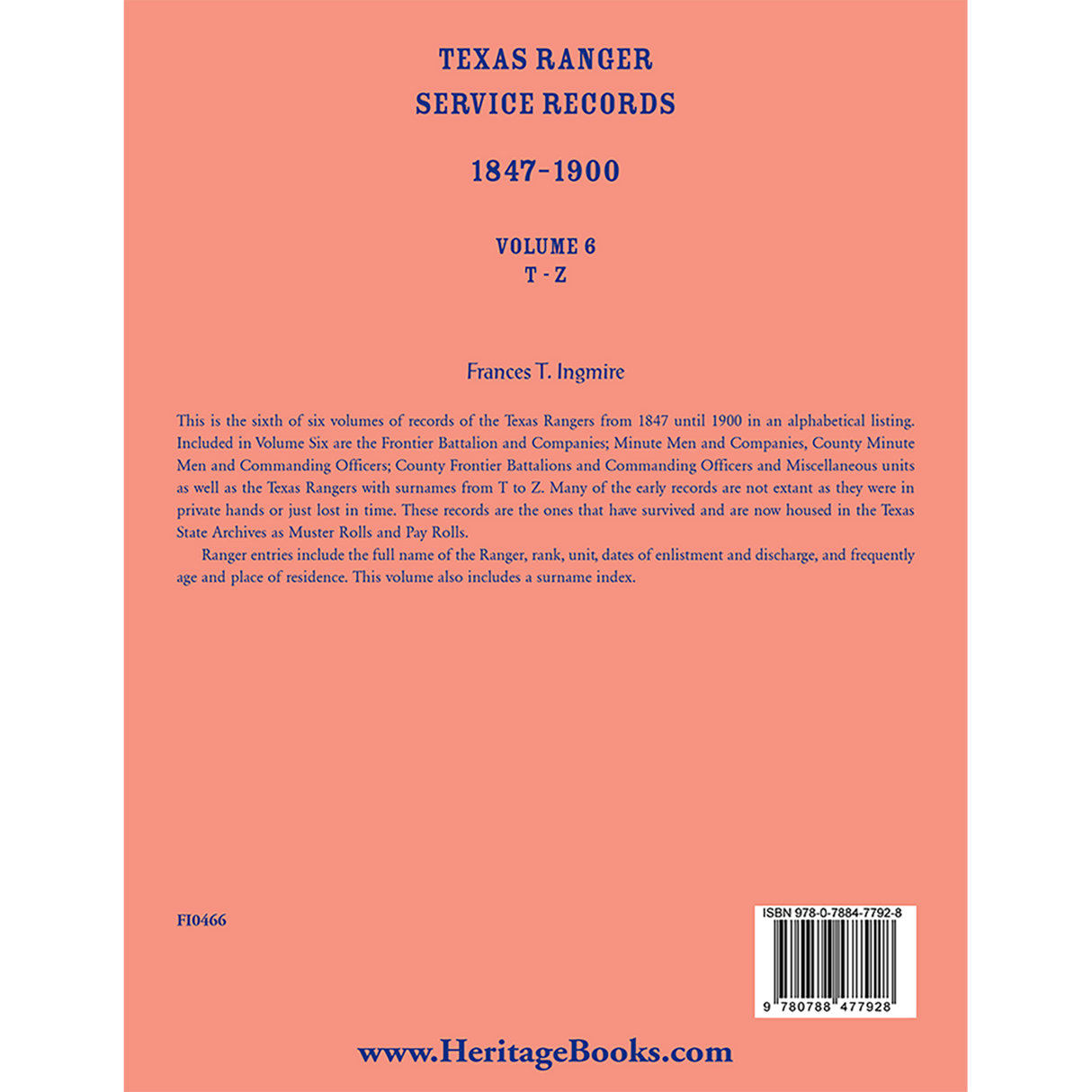 Texas Ranger Service Records, 1847-1900, Volume 6, T-Z back cover