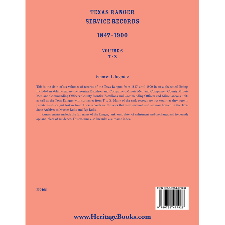 Texas Ranger Service Records, 1847-1900, Volume 6, T-Z back cover