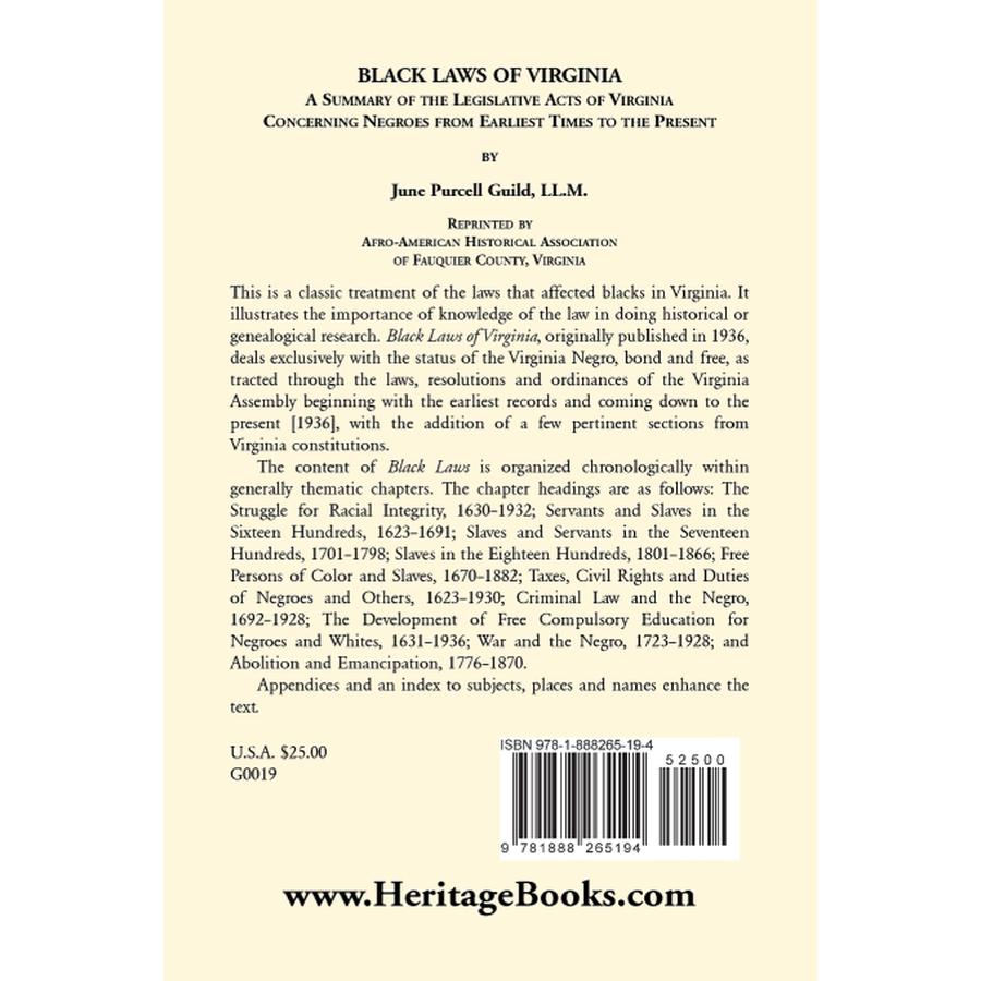 back cover of Black Laws of Virginia