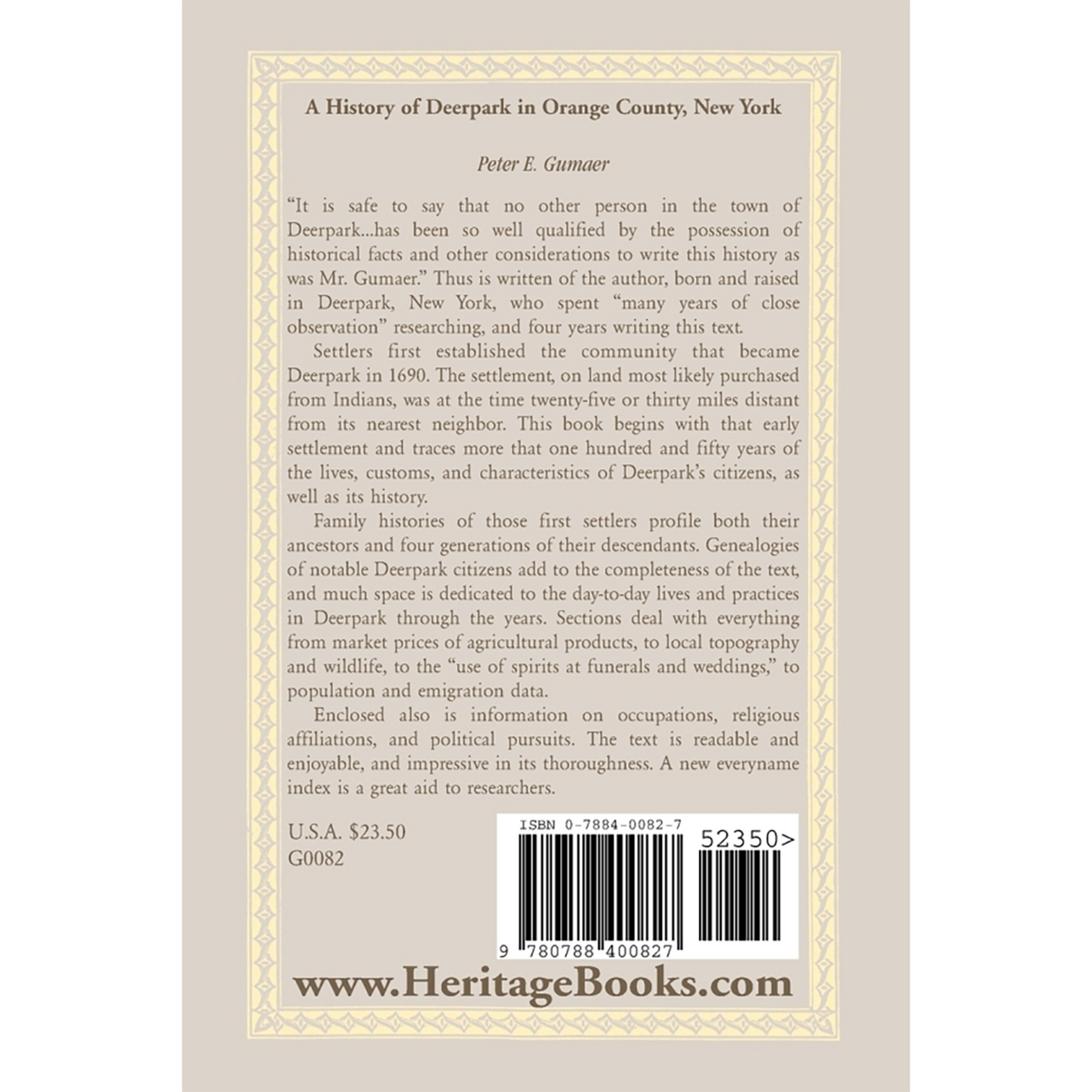 A History of Deerpark in Orange County, New York back cover