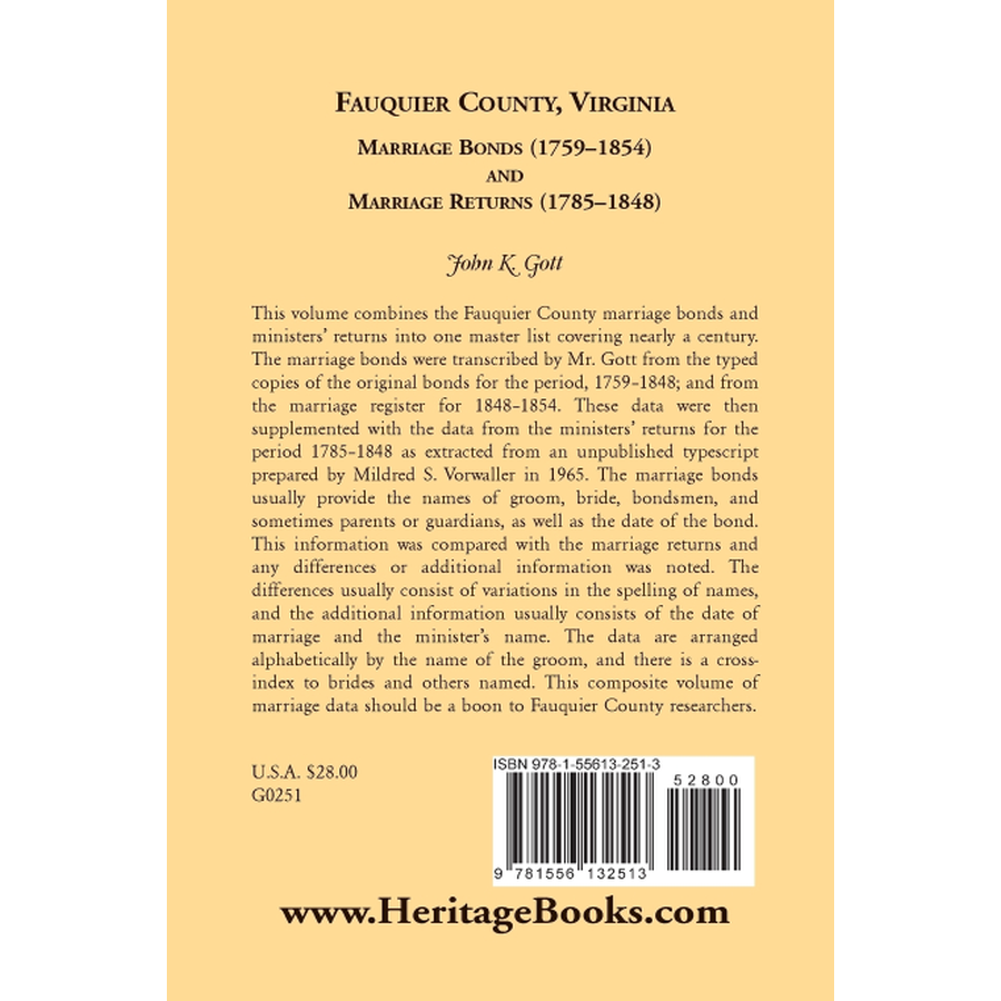 back cover of Fauquier County, Virginia Marriage Bonds (1759-1854), and Marriage Returns (1785-1848)