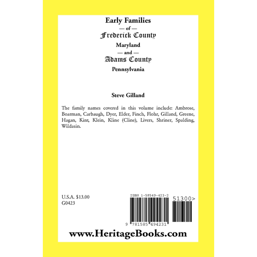 Early Families of Frederick County, Maryland, and Adams County, Pennsylvania back cover