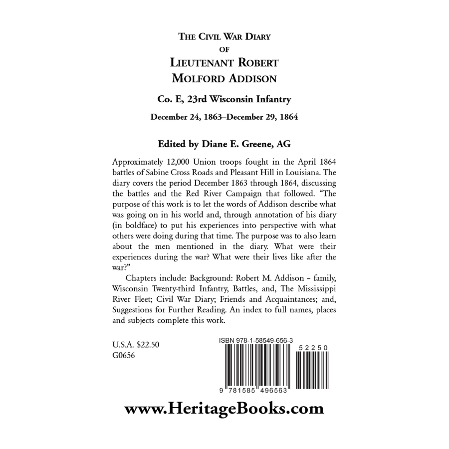 The Civil War Diary of Lieutenant Robert Molford Addison, Company E, 23rd Wisconsin Infantry, December 24, 1863-December 29, 1864 back cover