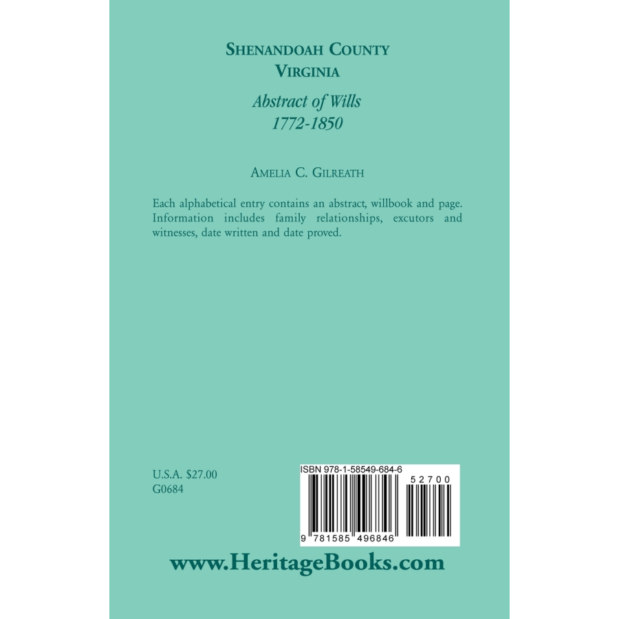 Shenandoah County, Virginia Abstracts of Wills, 1772-1850 back cover