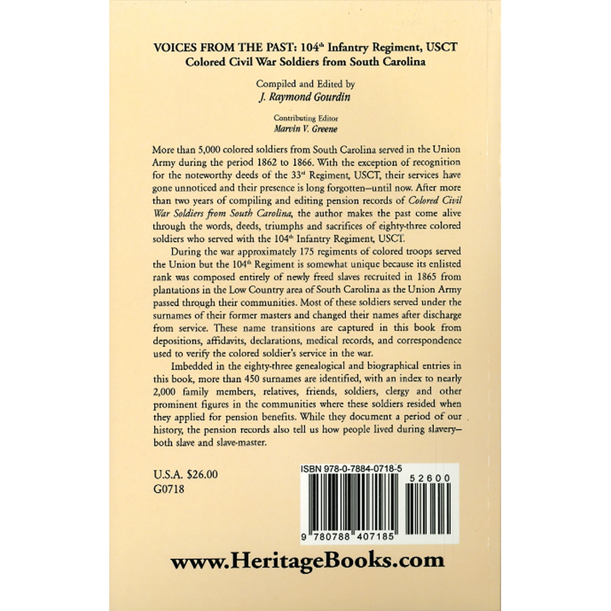 Voices From the Past: 104th Infantry Regiment, USCT, Colored Civil War Soldiers from South Carolina back cover