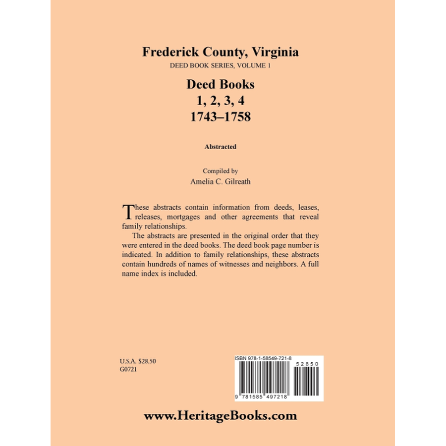 back cover of Frederick County, Virginia Deed Book Series, Volume 1, Deed Books 1, 2, 3, 4 1743-1758