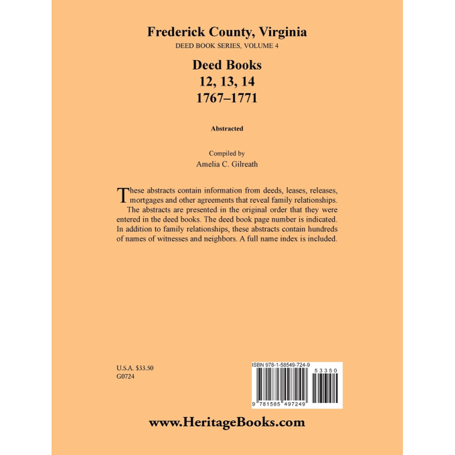 back cover of Frederick County, Virginia Deed Book Series, Volume 4, Deed Books 12, 13, 14 1767-1771