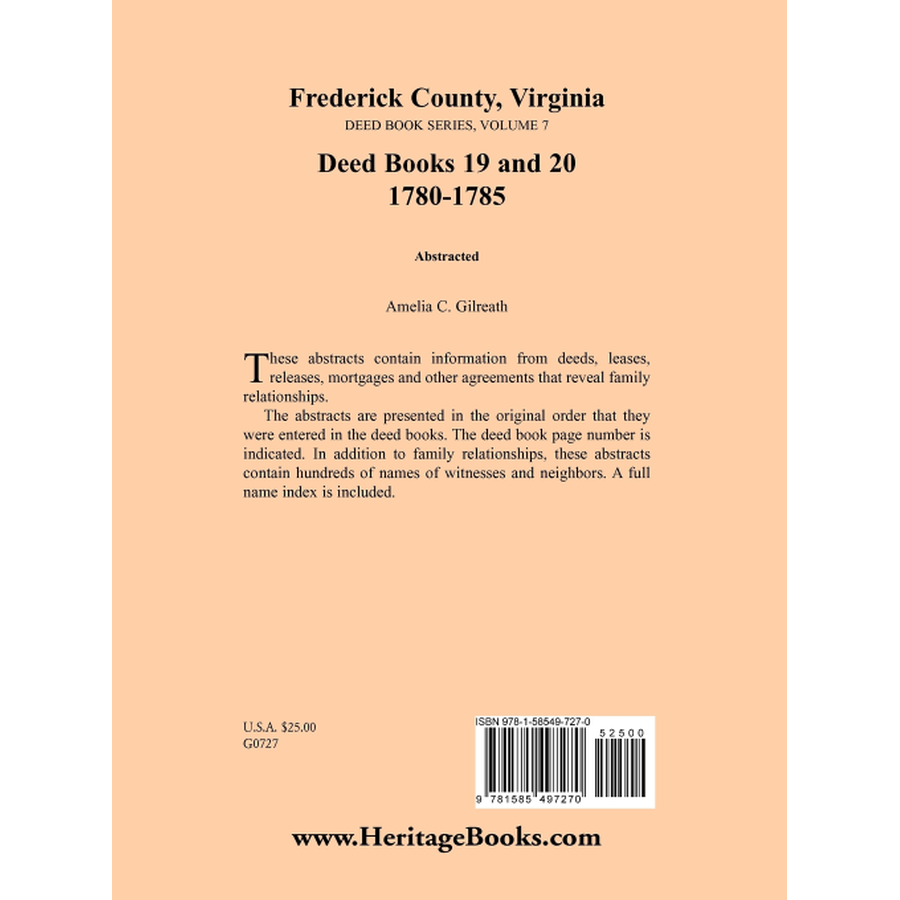 back cover of Frederick County, Virginia Deed Book Series, Volume 7, Deed Books 19 and 20 1780-1785