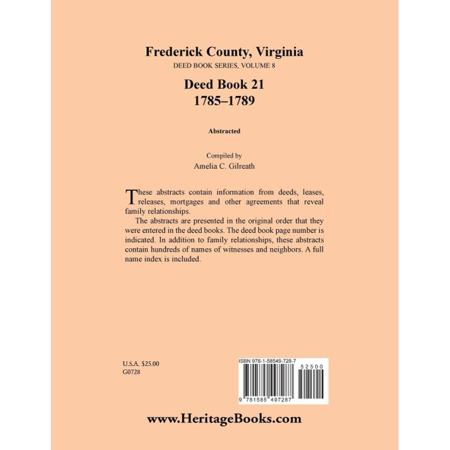 back cover of Frederick County, Virginia Deed Book Series, Volume 8, Deed Book 21 1785-1789