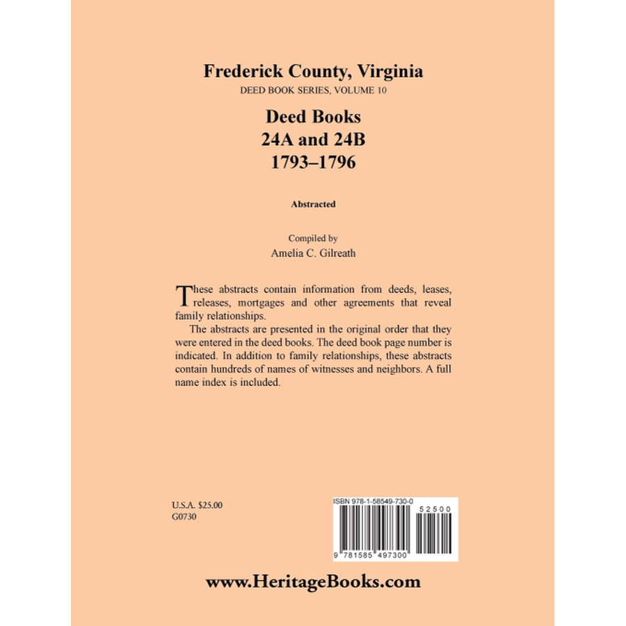 back cover of Frederick County, Virginia Deed Book Series, Volume 10, Deed Books 24A and 24B 1793-1796