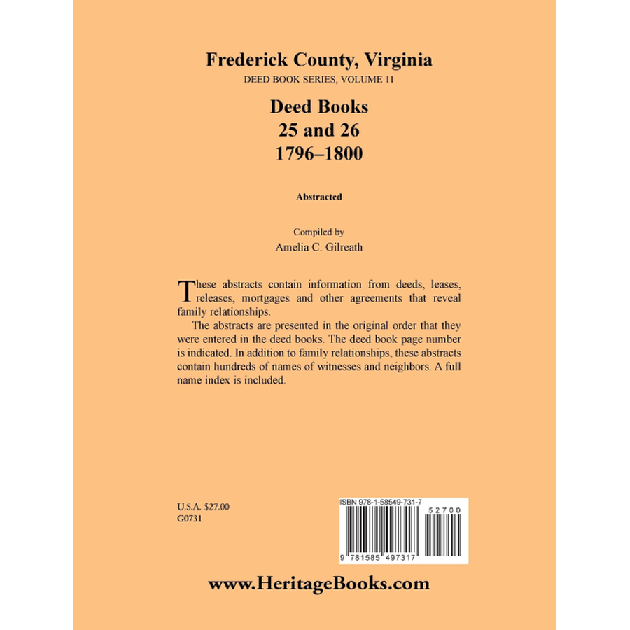 back cover of Frederick County, Virginia Deed Book Series, Volume 11, Deed Books 25 and 26 1796-1800