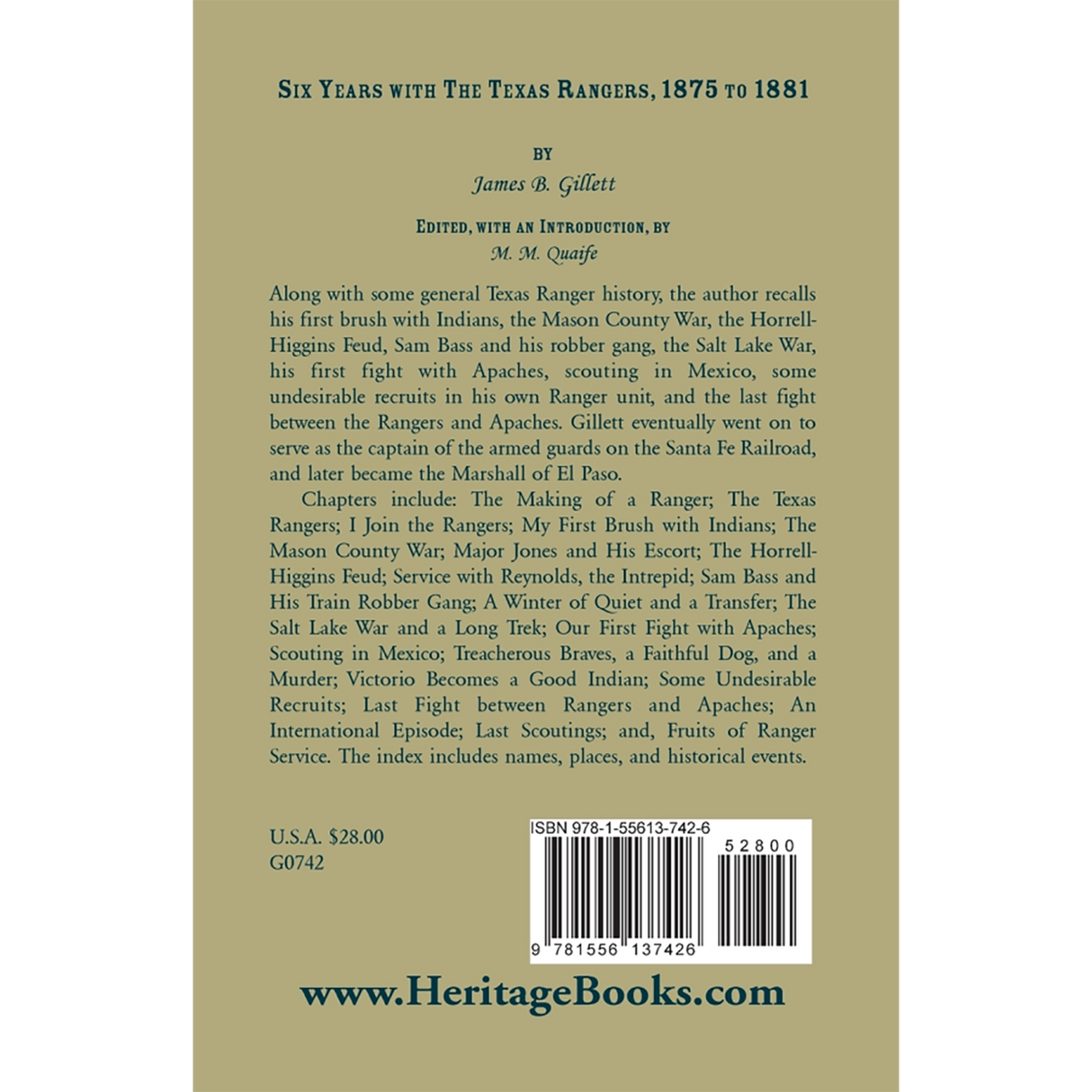 Six Years with the Texas Rangers, 1875 to 1881 back cover