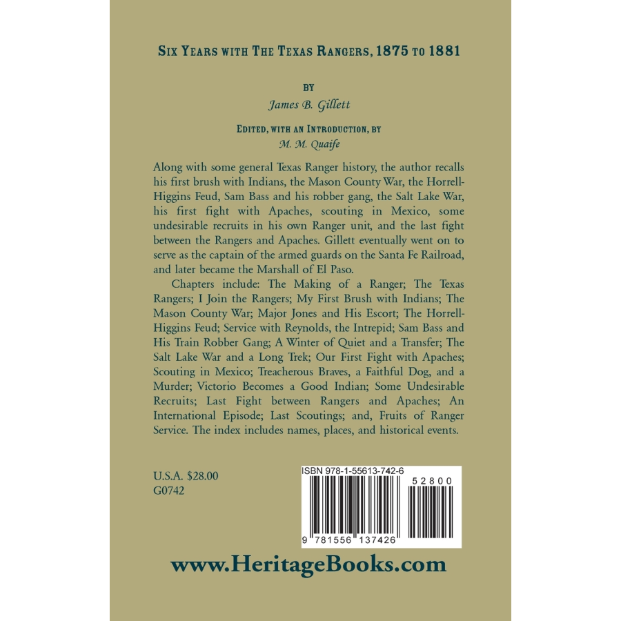 Six Years with the Texas Rangers, 1875 to 1881 back cover