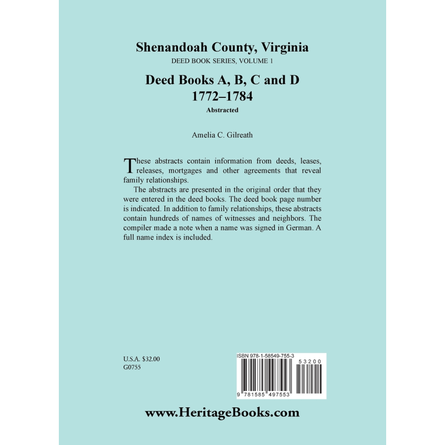 Shenandoah County, Virginia Deed Book Series, Volume 1: Deed Books A, B, C, D 1772-1784 back cover