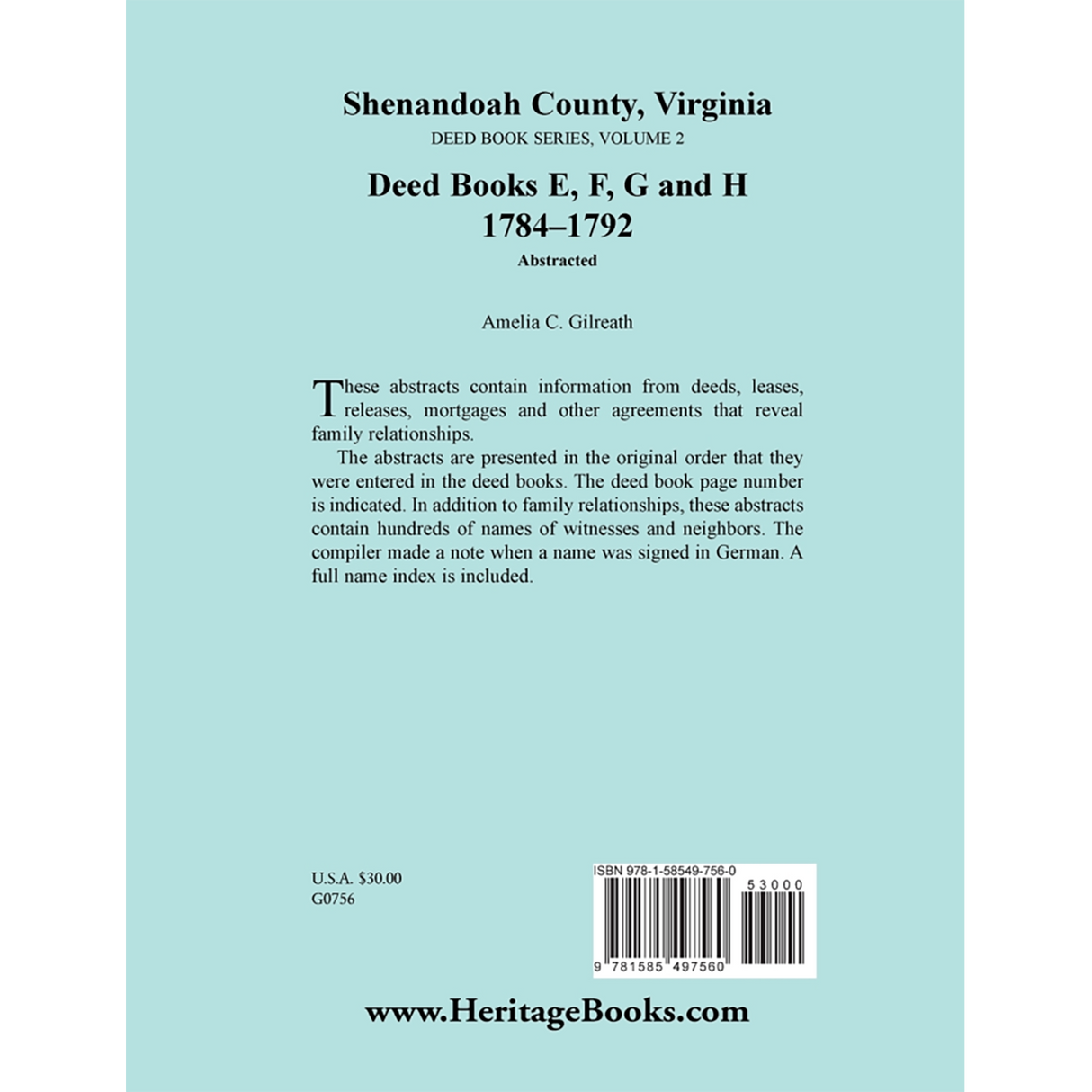 Shenandoah County, Virginia Deed Book Series, Volume 2: Deed Books E, F, G, H 1784-1792 back cover