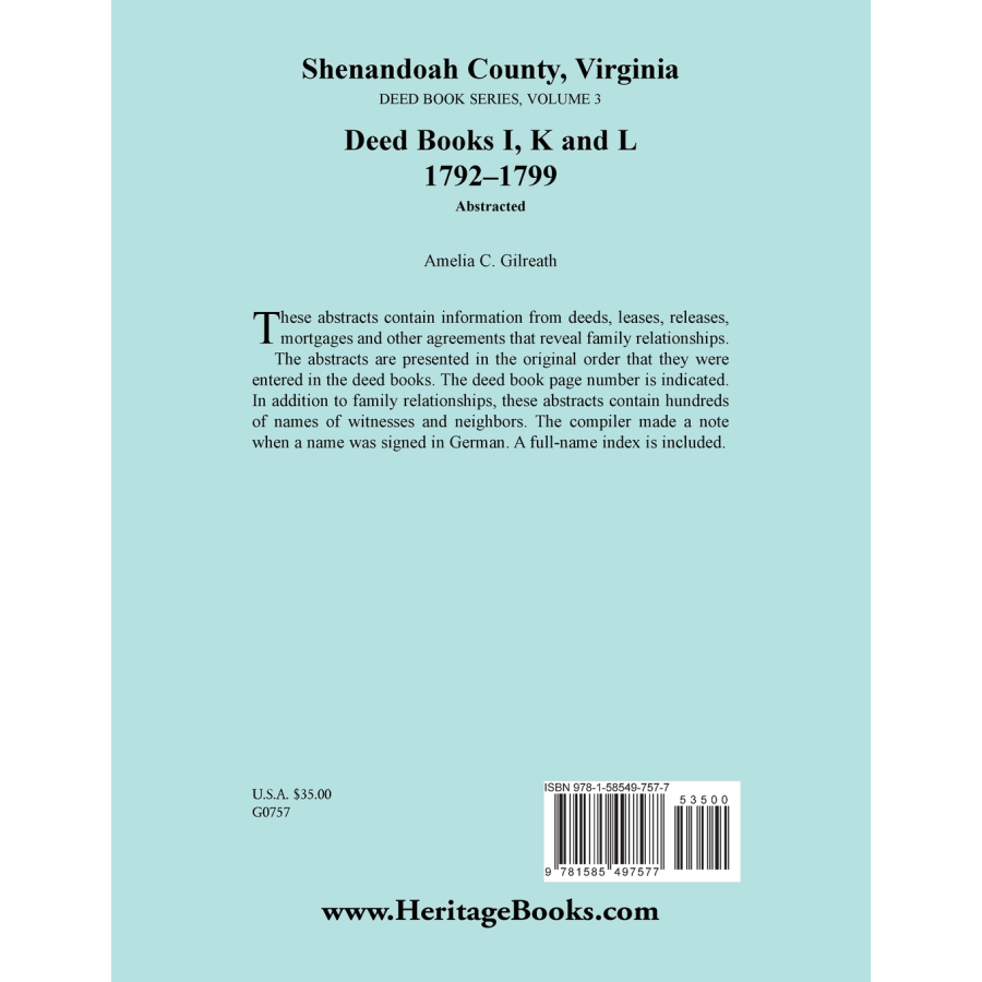 Shenandoah County, Virginia Deed Book Series, Volume 3: Deed Books I, K, L 1792-1799 back cover