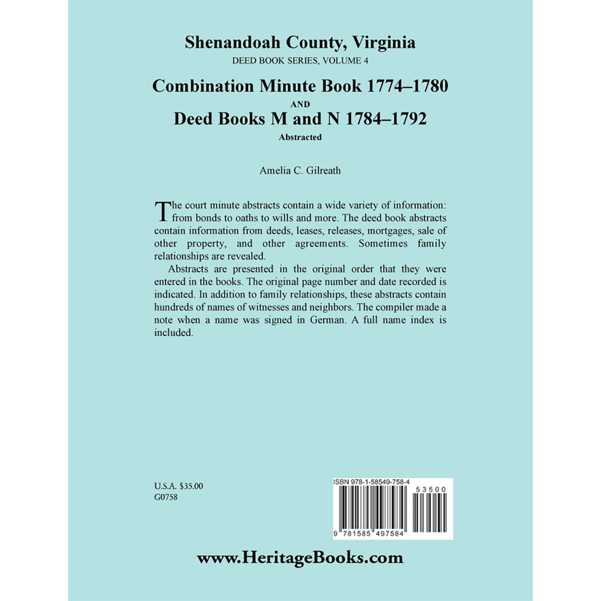 Shenandoah County, Virginia Deed Book Series, Volume 4: Combination Minute Book 1774-1780 and Deed Books M and N 1784-1792 back cover