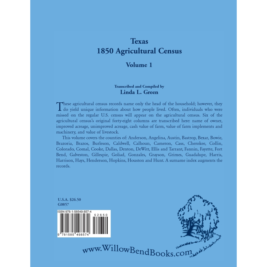 Texas 1850 Agricultural Census, Volume 1 back cover