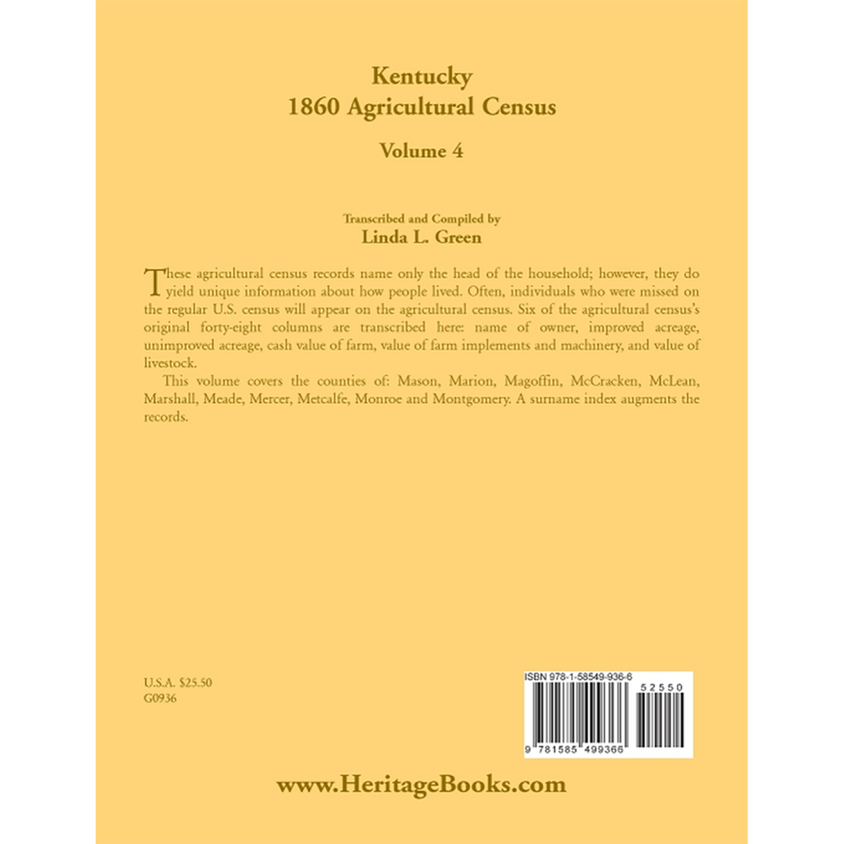 Kentucky 1860 Agricultural Census, Volume 4 back cover